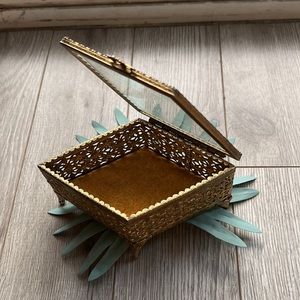 Hollywood Regency Trinket Jewelry Box Filigree Gold Plated Diamond Shape